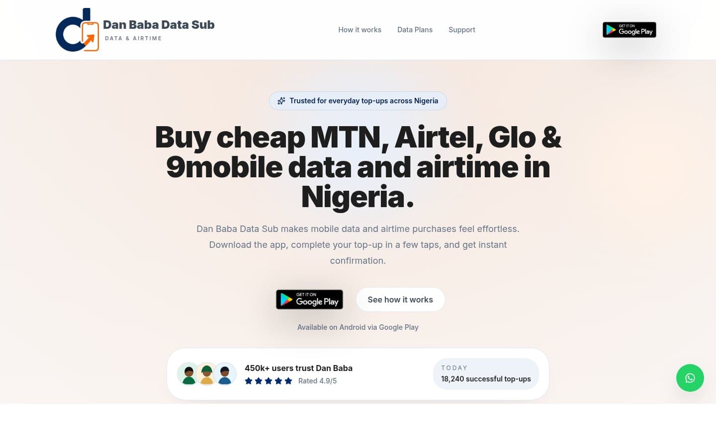 Dan Baba Data Sub homepage for buying mobile data and airtime.
